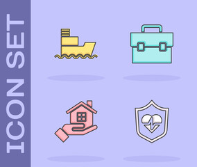Set Life insurance with shield, Ship, House hand and Briefcase icon. Vector