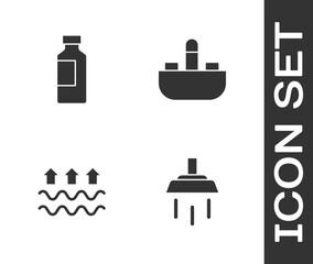 Set Shower, Bottle of water, Waves and evaporation and Washbasin with tap icon. Vector
