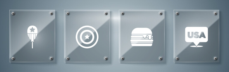 Set USA Independence day, Burger, American star shield and Balloons. Square glass panels. Vector