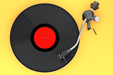 Obraz premium Vinyl record player or DJ turntable with retro vinyl disk on yellow background.