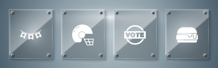 Set Burger, Vote, American football helmet and Carnival garland with flags. Square glass panels. Vector