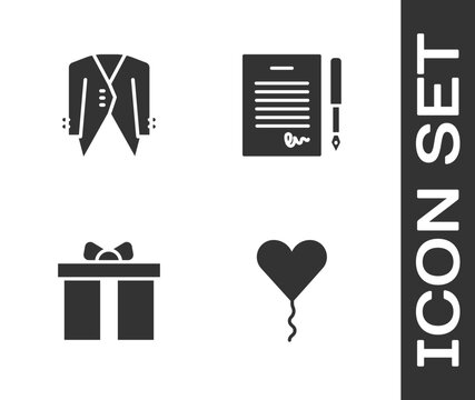 Set Balloon in form of heart, Suit, Gift box and Marriage contract icon. Vector