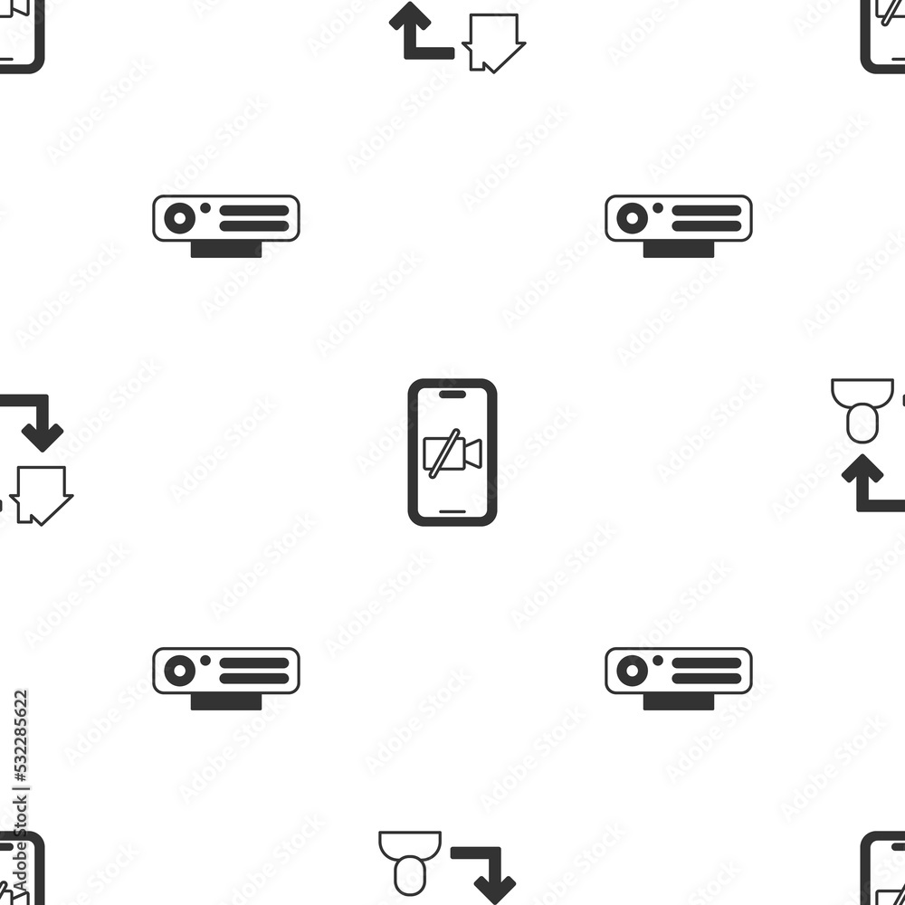 Poster set online working, video camera off on mobile and web on seamless pattern. vector
