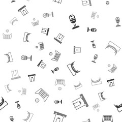 Fototapeta premium Set Trash can, Swing, Boat swing and Soccer goal with ball on seamless pattern. Vector