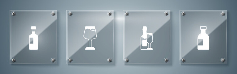 Set Glass bottle of vodka, Champagne and glass, Wine and . Square glass panels. Vector