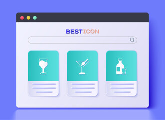 Set Martini glass, Wine and Bottle of vodka with icon. Vector