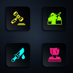 Set Kidnaping, Judge gavel, Bloody knife and Murder. Black square button. Vector