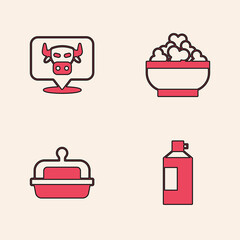 Set Whipped cream in bottle, Cow head, Cottage cheese and Butter butter dish icon. Vector