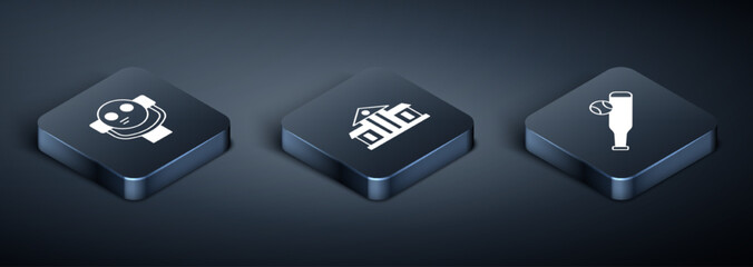 Set Isometric Tourist binoculars, Baseball bat with ball and White House icon. Vector