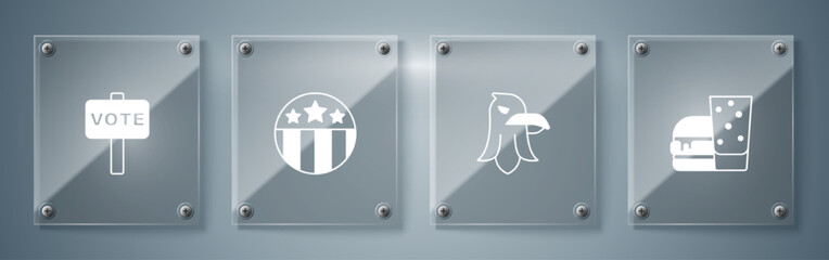Set Burger, Eagle, Medal with star and Vote. Square glass panels. Vector