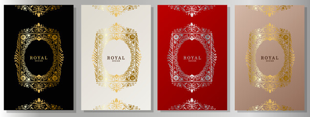 Royal covers set. Luxury brochure with gold and silver ornaments on black, platinum, red and pink background. 