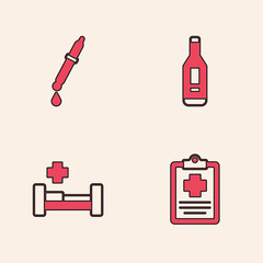 Set Patient record, Pipette, Digital thermometer and Hospital bed icon. Vector
