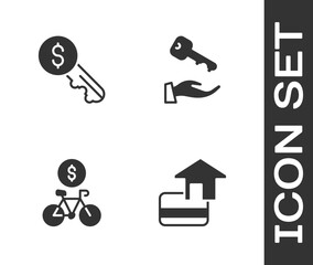 Set Credit card, Rent key, Bicycle rental mobile app and House icon. Vector