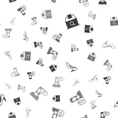 Set Female vote right, Feminist activist, Woman shoe and opinion on seamless pattern. Vector