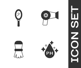 Set Oil for hair care treatment, Hand mirror, Shaving brush and Hair dryer icon. Vector