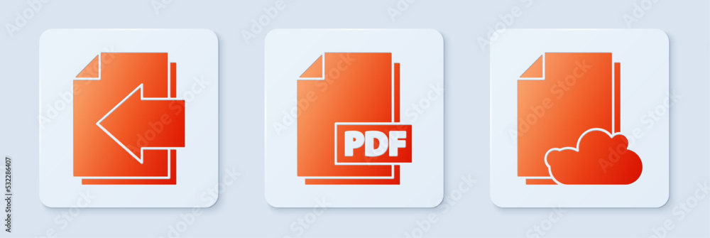 Poster set pdf file document, next page arrow and cloud storage text document. white square button. vector