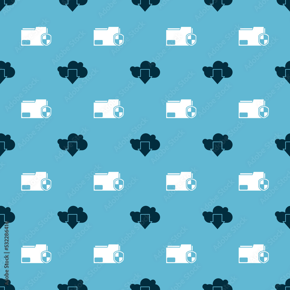 Sticker set cloud download and document folder protection on seamless pattern. vector