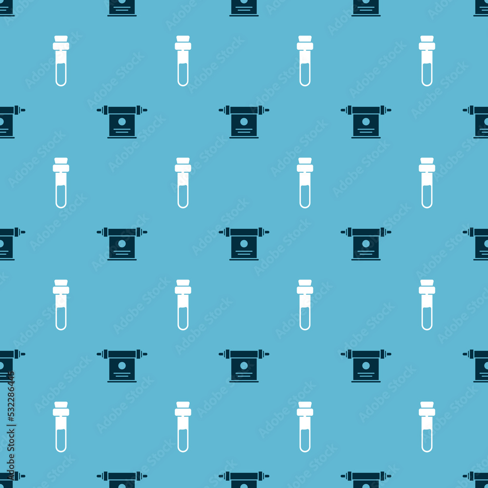 Poster set magic scroll and bottle with love potion on seamless pattern. vector