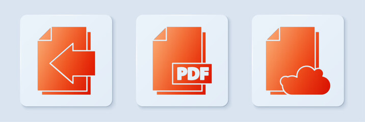 Set PDF file document, Next page arrow and Cloud storage text document. White square button. Vector