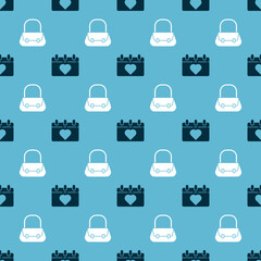 Set Calendar with 8 March and Handbag on seamless pattern. Vector