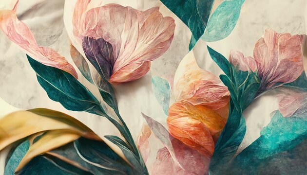 Fototapeta Flowers in the style of watercolor art. Luxurious floral elements, botanical background or wallpaper design, prints and invitations, postcards. Beautiful delicate flowers 3D illustration