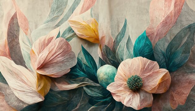 Fototapeta Flowers in the style of watercolor art. Luxurious floral elements, botanical background or wallpaper design, prints and invitations, postcards. Beautiful delicate flowers 3D illustration