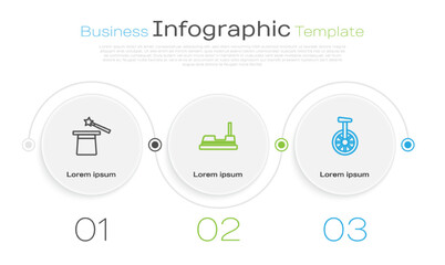 Set line Magic hat and wand, Bumper car and Unicycle or one wheel bicycle. Business infographic template. Vector