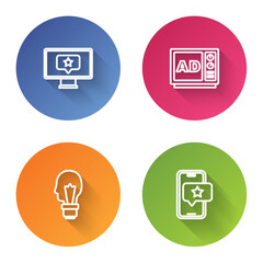 Set line Monitor with star, Advertising, Light bulb concept of idea and Mobile review rating. Color circle button. Vector