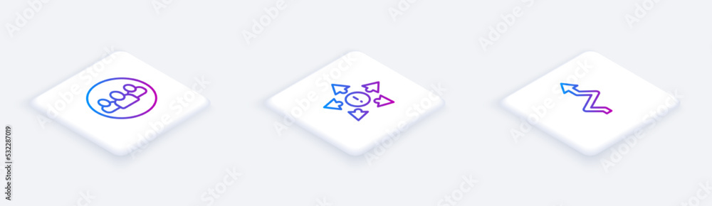Poster set isometric line project team base, many ways directional arrow and arrow. white square button. ve