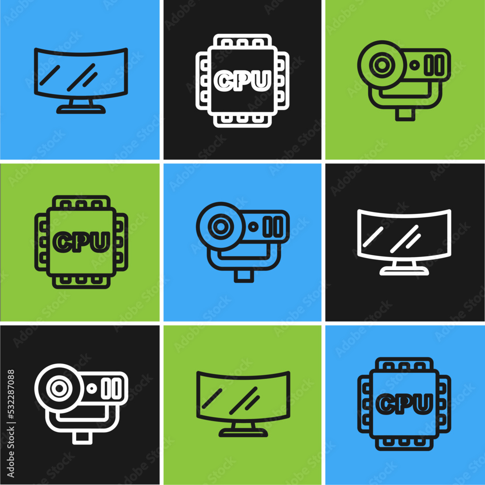 Poster Set line Computer monitor screen, Web camera and Processor with CPU icon. Vector