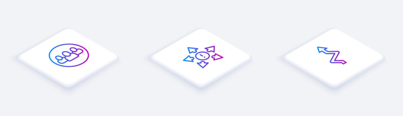 Set Isometric line Project team base, Many ways directional arrow and Arrow. White square button. Vector