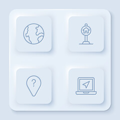Set line Earth globe, Hotel sign for traffic, Unknown route point and Laptop with location marker. White square button. Vector