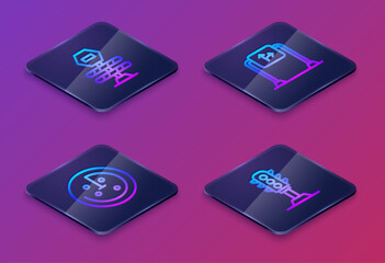 Set Isometric line Road barrier, Radar with targets on monitor, traffic sign and Traffic light. Blue square button. Vector