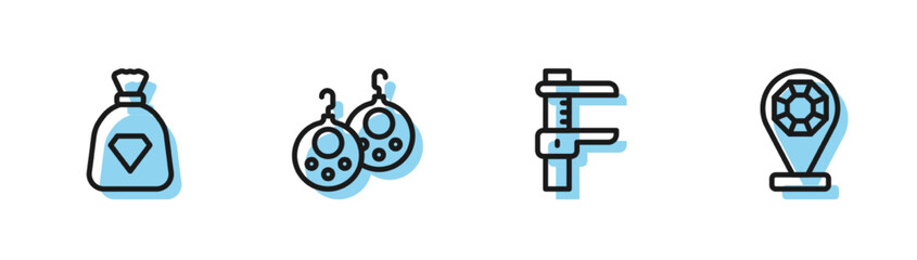 Set line Calliper or caliper and scale, Bag with gems, Earrings and Jewelry store icon. Vector
