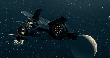 metal space ship floating on the space © DM7