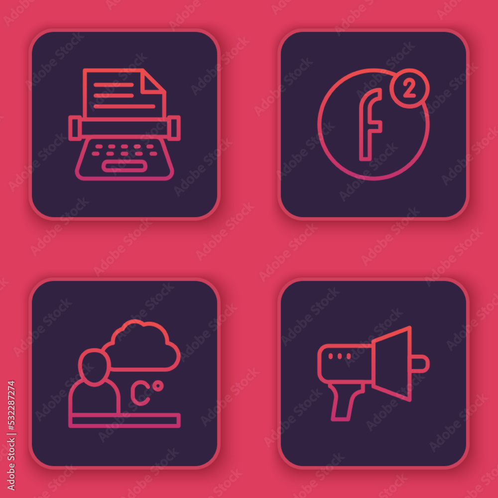 Poster set line retro typewriter, weather forecast, create account and megaphone. blue square button. vecto