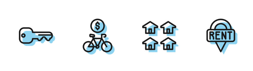 Set line Real estate, House key, Bicycle rental mobile app and Location icon. Vector