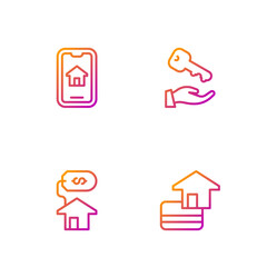 Set line Credit card, House with dollar, Online real estate and key. Gradient color icons. Vector