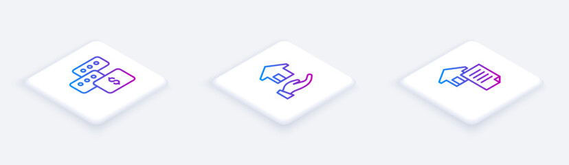 Set Isometric line Price negotiation, Realtor and House contract. White square button. Vector