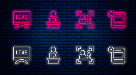 Set line Breaking news, Television report, Live and Information. Glowing neon icon on brick wall. Vector