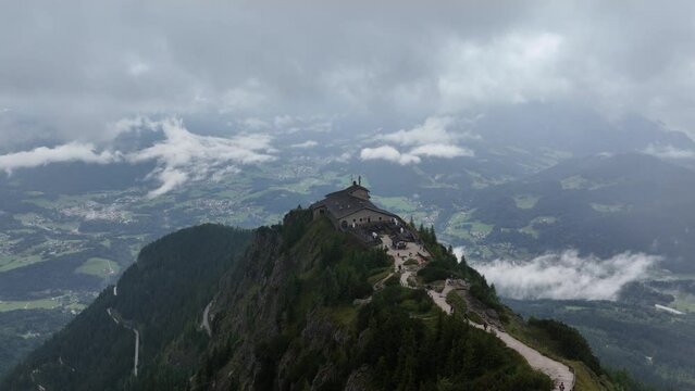 Eagles nest Kehlsteinhaus world war 2 history. Former mountain house of Adolf Hitler. Germany alps in Bavaria europe. Panoramic Alp view aerial overhead on mountain peak surrounding nature landscape.