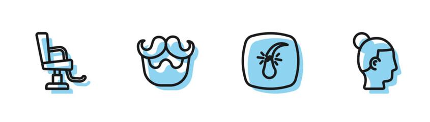 Set line Broken hair follicle, Barbershop chair, Mustache and beard and Hairstyle for men icon. Vector