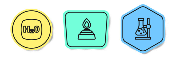 Set line Chemical formula H2O, Alcohol spirit burner and Test tube flask on stand. Colored shapes. Vector