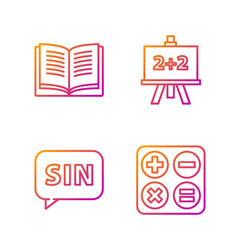 Set line Square root, Human brain, Equation solution and Calculator. Gradient color icons. Vector