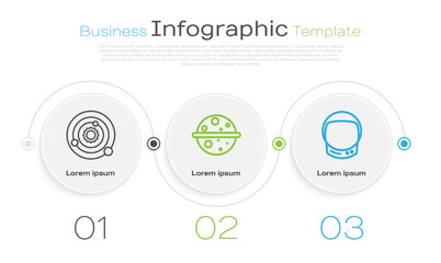 Set line Solar system, Planet Venus and Astronaut helmet. Business infographic template. Vector