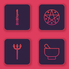 Set line Magic wand, Neptune Trident, Pentagram in circle and mortar pestle. Blue square button. Vector