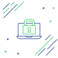 Line Laptop and lock icon isolated on white background. Computer and padlock. Security, safety, protection concept. Safe internetwork. Colorful outline concept. Vector
