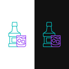 Line Whiskey bottle and glass icon isolated on white and black background. Colorful outline concept. Vector