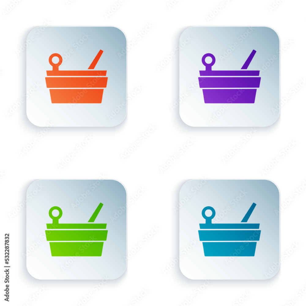 Poster color sauna bucket and ladle icon isolated on white background. set colorful icons in square buttons