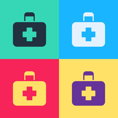 Pop art First aid kit icon isolated on color background. Medical box with cross. Medical equipment for emergency. Healthcare concept. Vector Illustration